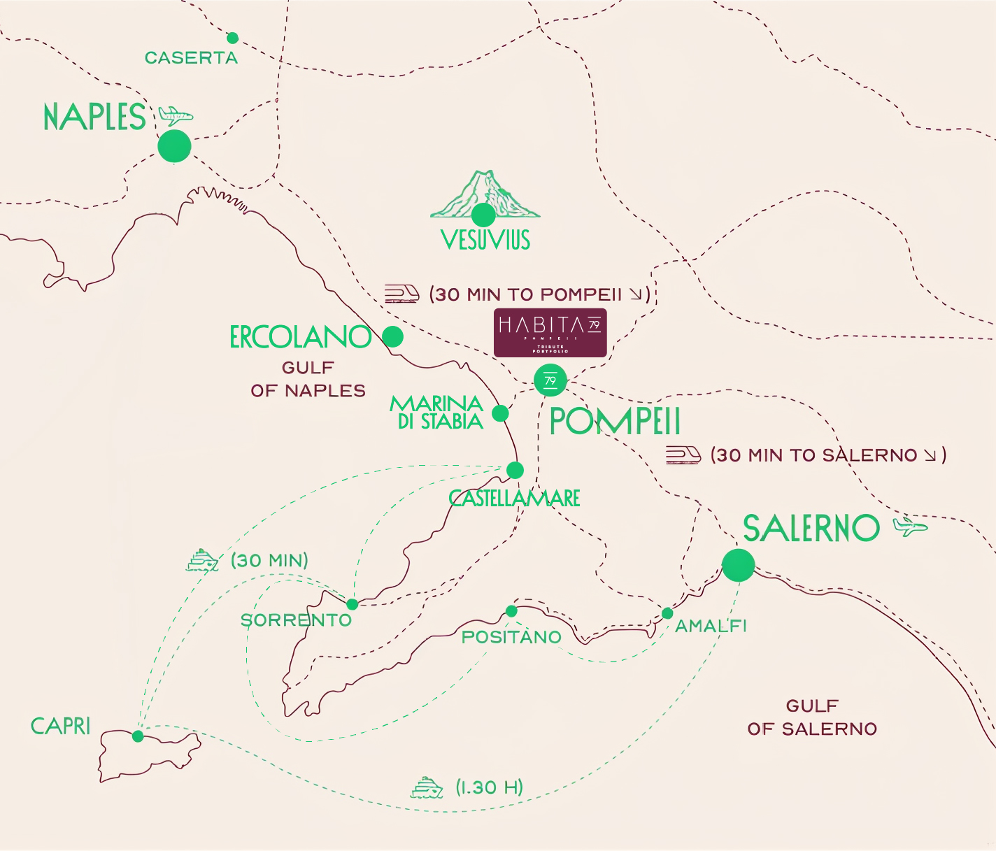 Mappa culturale di Napoli, Pompei, Vesuvio, Ercolano, Capri, Sorrento, Castellammare, Marina di Stabia, Amalfi e Salerno
